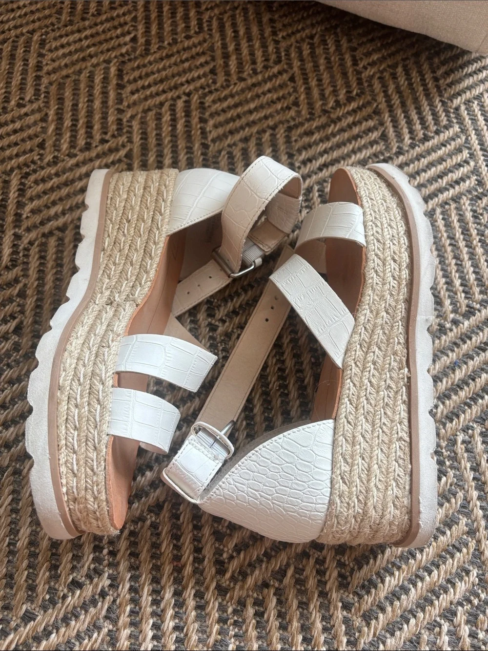 Dolce Vita White Croc-Embossed Wedge Sandals with Ankle Strap